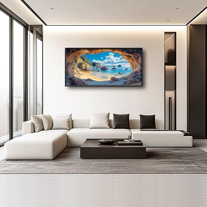 Beach Large Wall Art Rocky Cave Pictures Wall Decor Coastal Canvas Seascape Print Painting Modern Artwork Home Decoration for Living Room Bathroom Bedroom Office Framed 60"x30"