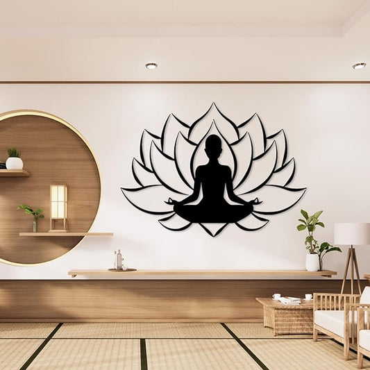 Veplsur Lotus Flower Decor, Metal Zen Wall Art, Yoga Zen Sign Decorative, Yoga Decor, Lotus Wall Hanging, Meditation Wall Art, Symmetry Art, Yoga Studio Decor, Home Decor (Black, 48"x35"|121x88cm)