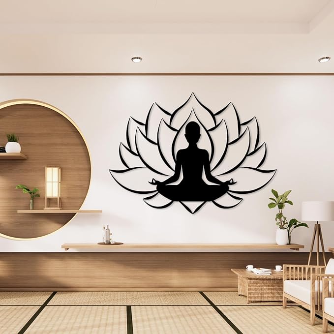 Veplsur Lotus Flower Decor, Metal Zen Wall Art, Yoga Zen Sign Decorative, Yoga Decor, Lotus Wall Hanging, Meditation Wall Art, Symmetry Art, Yoga Studio Decor, Home Decor (Silver, 35"x26"|90x65cm)