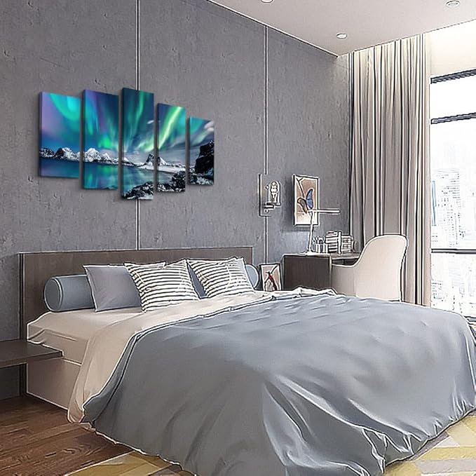 Large Canvas Wall Art Set - Blue Aurora Scenery Paintings for Living Room, Bedroom & Office - Modern Canvas Art Prints Ready to Hang - 5 Piece Set