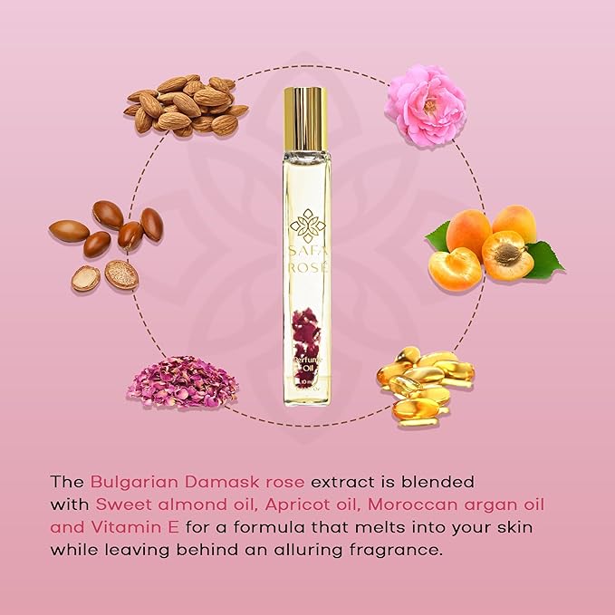 SAFA Rosé Organic Rose Oil Perfume Roller | Bulgarian Damask & Indian Rose Petals | 10 mL Long Lasting Perfume Oil for Women & Men | Non-Toxic, Alcohol-Free & Travel Friendly