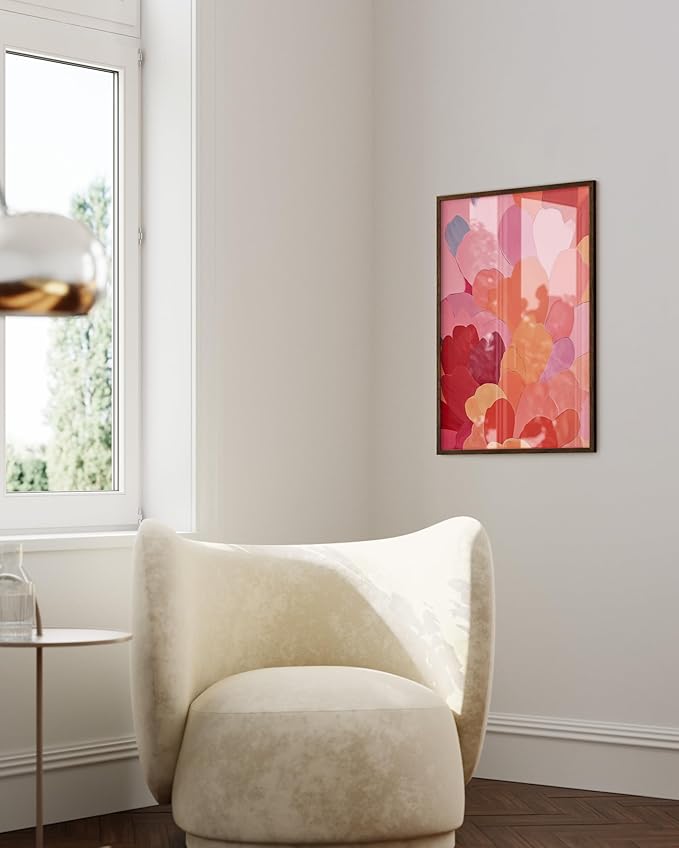 HAUS AND HUES Colorful Abstract Wall Art - Minimalist Retro Picture for Living Room Decor, Red and Pink Modern Wall Art Painting (Petals 1, Walnut Frame, 24x36)