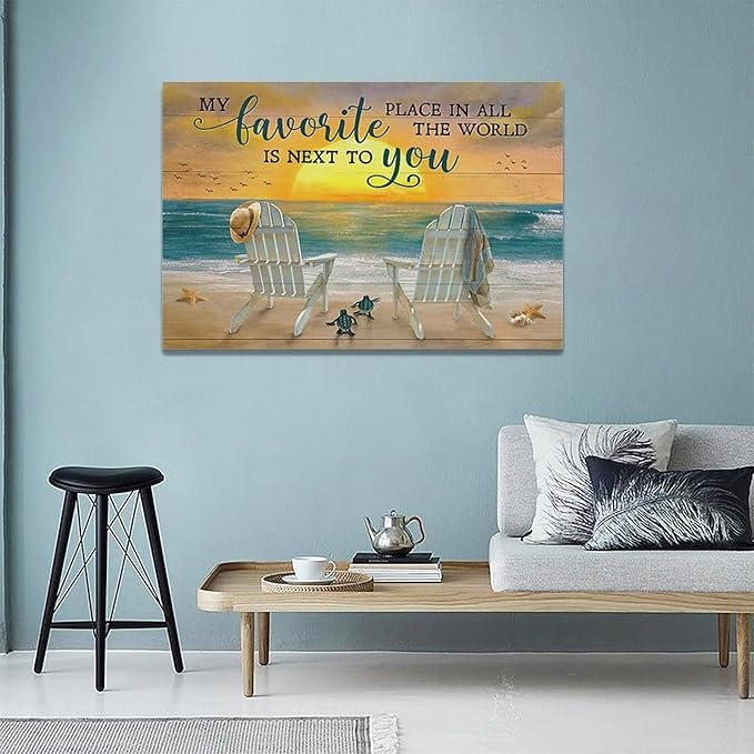 Fleruku Beach Wall Art Ocean Coastal Wall Decor Nautical Sunrise Sunset Sea Turtles Pictures Canvas Painting Artwork Home Decorations for Living Room Bedroom Bathroom Office 24"x16"