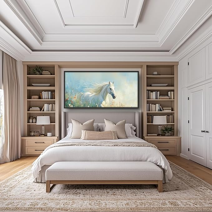 SweetFox Extra Large White Horse Framed Wall Art for Living Room, Horse Wildflower Pictures Oversized Wall Decor Abstract Big Canvas Painting Print Artworks for Bathroom Master Bedroom 60L X 30W