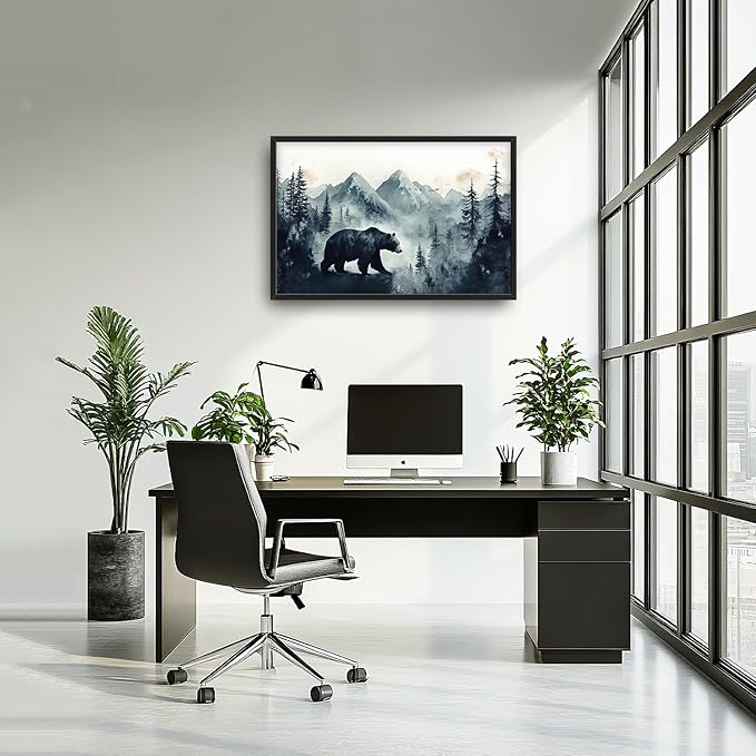 SweetFox Extra Large Forest Bear Framed Wall Art for Living Room, Bear Pictures Oversized Wall Decor Abstract Big Canvas Painting Print Home Artworks for Bathroom Master Bedroom Office 36L X 24W