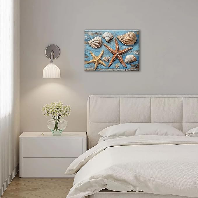 Olivine Seashell Wall Art, Coastal Starfish Pictures Wall Decor, Beach Theme Painting, Blue Seashell Canvas Prints, Framed Artwork for Bathroom Bedroom Living Room Office Home Decoration 16''x12''