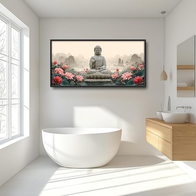 Glocmna Large Buddha Wall Art for Living Room Zen Buddha Lotus Canvas Wall Decor Big Meditation Pictures Painting Print Framed Artwork Decorations Gifts for Bedroom Home Spa Yoga Room Office Hotel 30"x60"