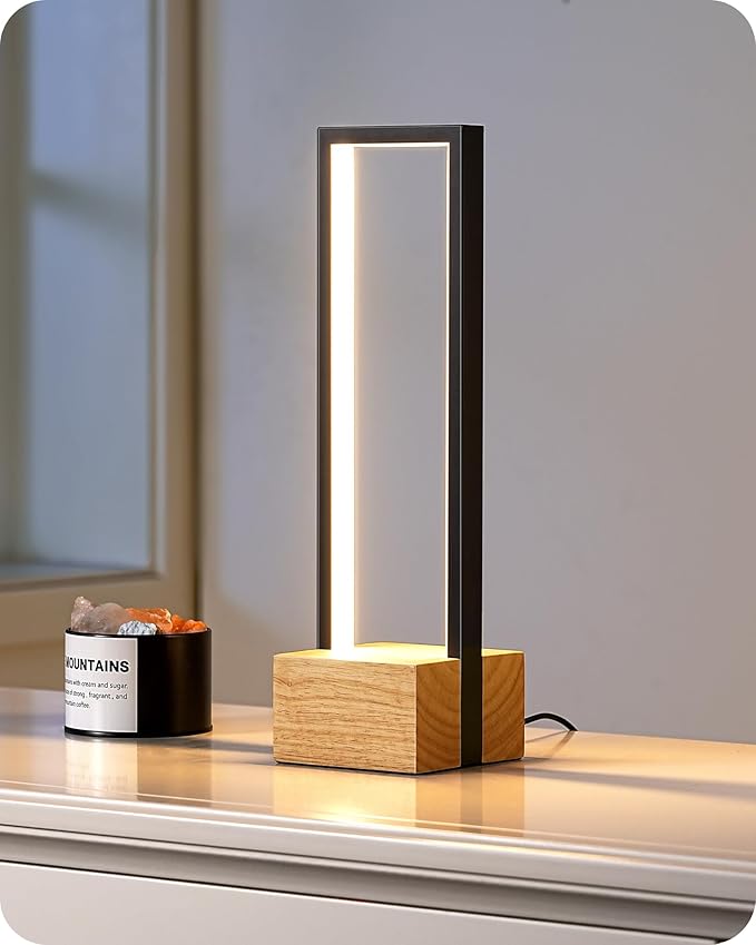 EDISHINE Modern Table Lamp, Dimmable LED Bedside Lamp with 3 Color Temps 3000K 4500K 6000K, Black Square Aluminum Frame, Complete Wooden Base, Nightstand Lamp for Bedroom