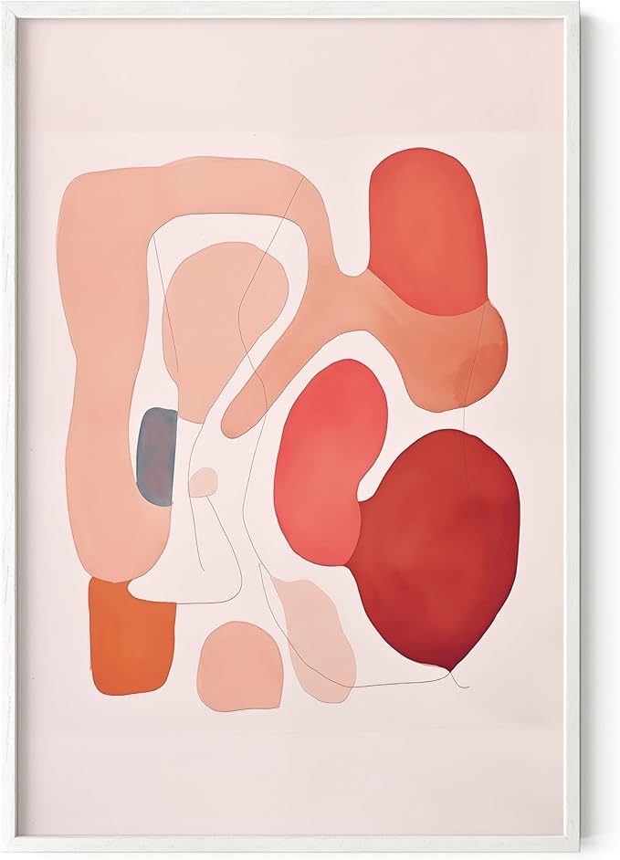 HAUS AND HUES Colorful Abstract Wall Art - Minimalist Retro Picture for Living Room Decor, Red and Pink Modern Wall Art Painting (Pink Abstract Shapes, White Frame, 24x36)