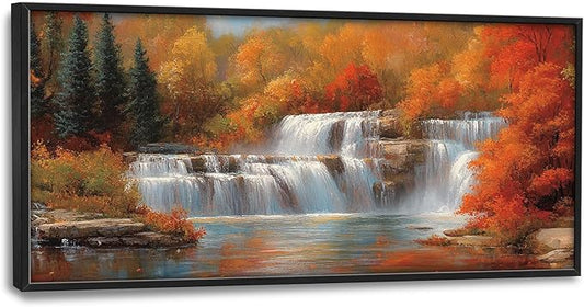 Fall Waterfall Wall Art Autumn Landscape Pictures Wall Decor Scenery Large Master Over Above Bed Canvas Prints Horizontal Modern Artwork Painting Home Office Decorations For Kitchen Bedroom 30"x60"