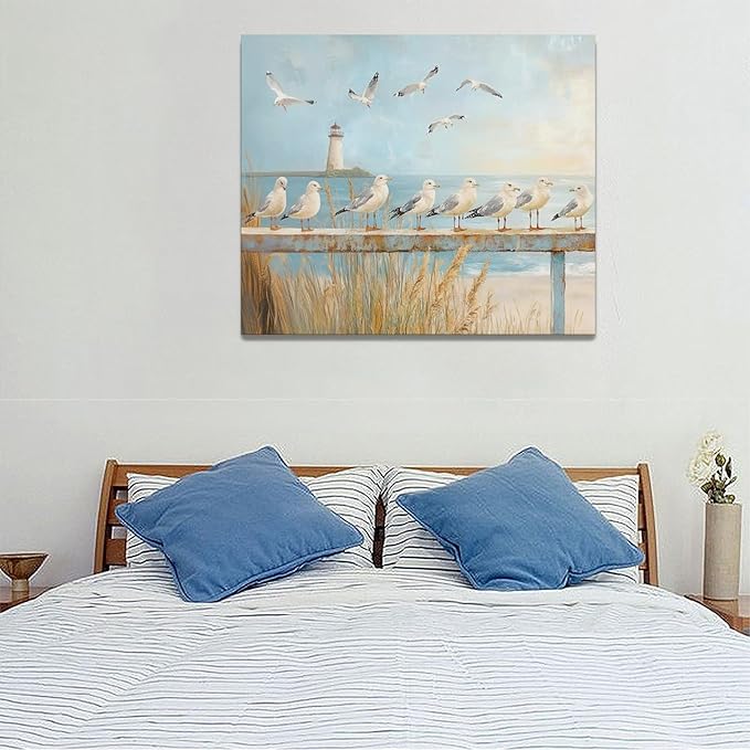 Olivine Beach Wall Art, Coastal Seagull Lighthouse Bathroom Pictures, Nautical Canvas Prints Painting for Living Room Bedroom Dinning Room Kitchen 24"x20" Inch Framed