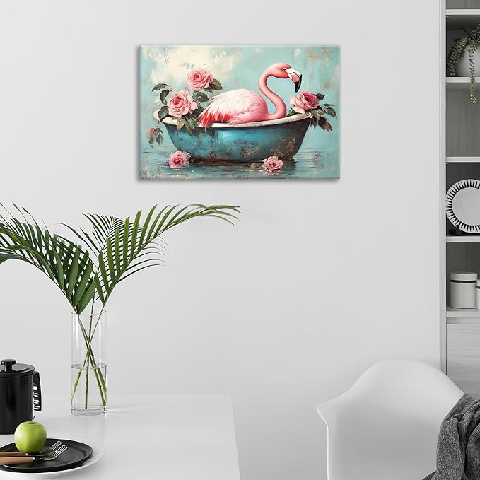 Olivine Flamingo Wall Art, Funny Animal Bathtub Pictures Wall Decor, Vintage Flamingo Bathroom Painting Tropical Animal Canvas Prints, Framed Artwork for Bedroom Living Room Office Home 24"x16"