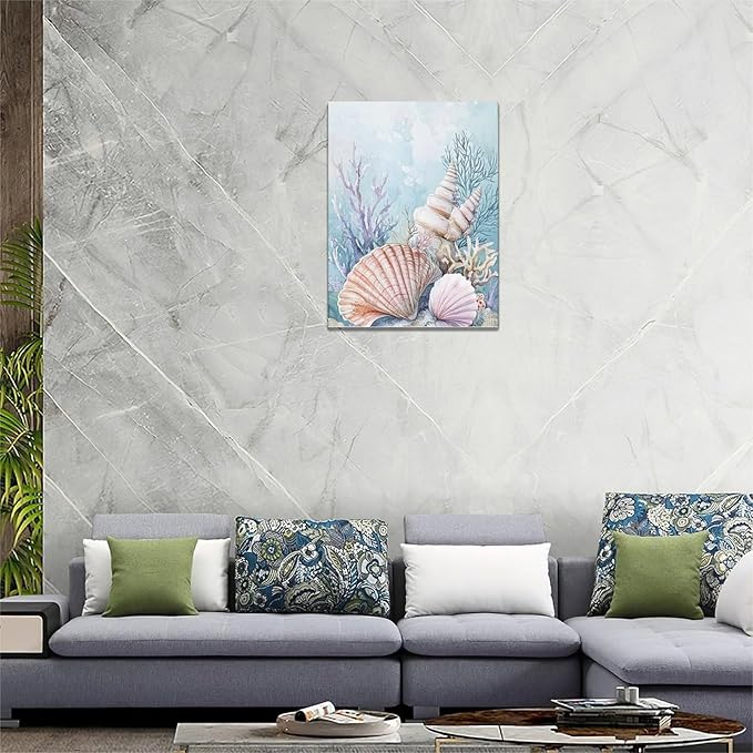 Fleruku Beach Coral Shells Wall Art Nautical Sea Wall Decor Ocean Pictures Canvas Painting Artwork Home Decorations for Living Room Bedroom Bathroom Office Nursery 12"x16"