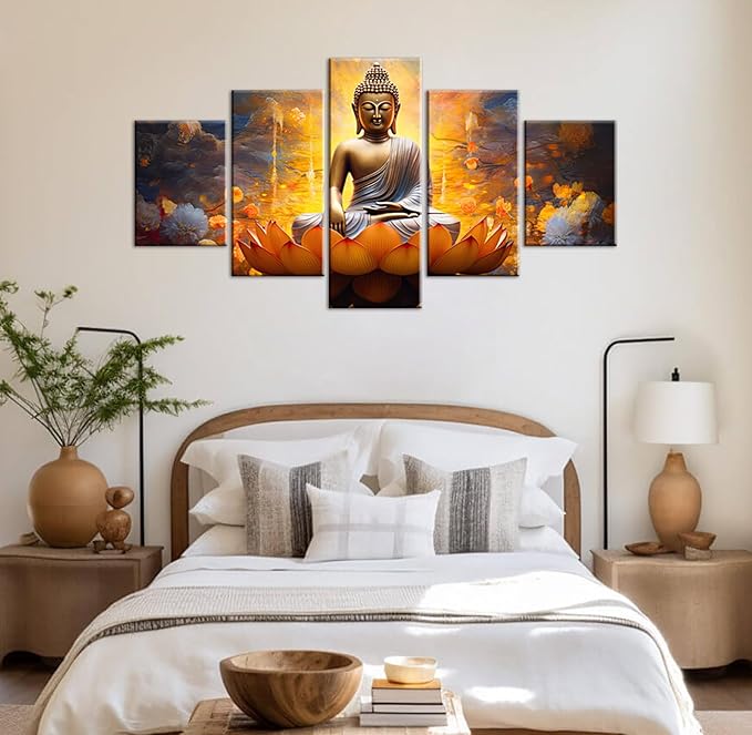 DJSYLIFE Gold Buddha Wall Art for Living Room Large 5 Piece Zen Photo Picture HD Canvas Print Paintings for Yoga Room Home Decor Modern Artwork Framed Ready to Hang Decorations (60" W x 32" H)