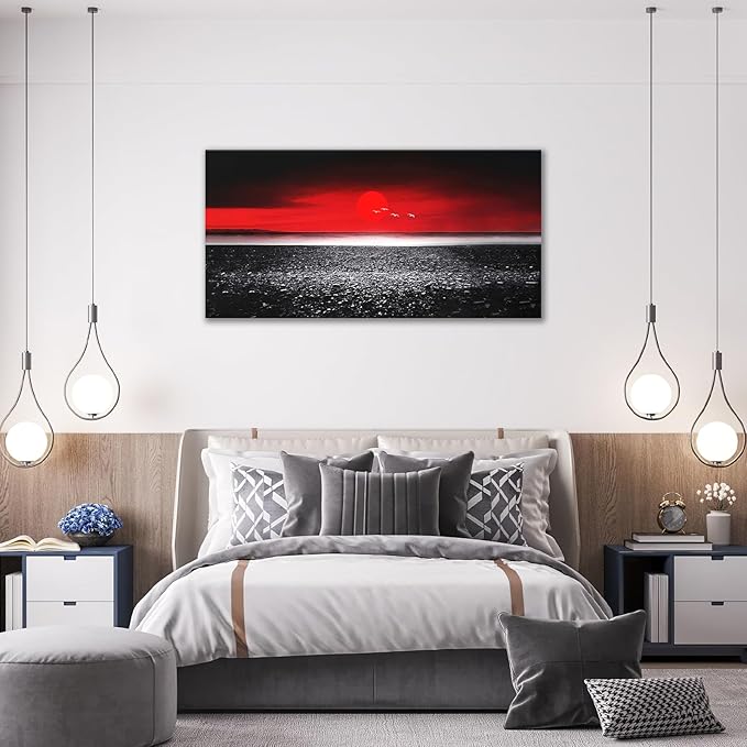 Moon Wall Art Large Red Black And White Canvas Prints Beach Coastal Ocean Picture Wall Decor Japanese Modern Framed Artwork Home Decorations for Living Room Dining Room Office 60"x30"