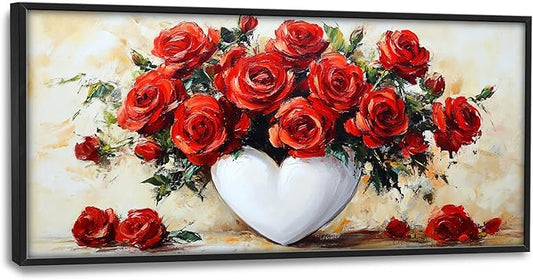 Rose Wall Art Red Flower Pictures Wall Decor Romantic Roses Large Master Over Above Bed Canvas Red Roses Prints Horizontal Modern Artwork Painting Home Office Decorations For Kitchen Bedroom 30"x60"