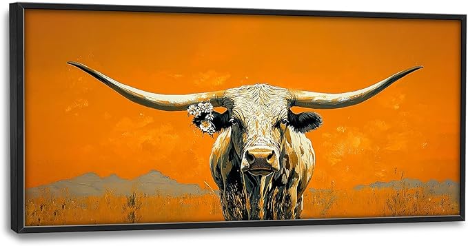 SweetFox Extra Large Western Longhorn Steer Framed Wall Art for Living Room, Farmhouse Cow Pictures Oversized Wall Decor Abstract Canvas Painting Print Artworks for Bathroom Master Bedroom 60L X 30W