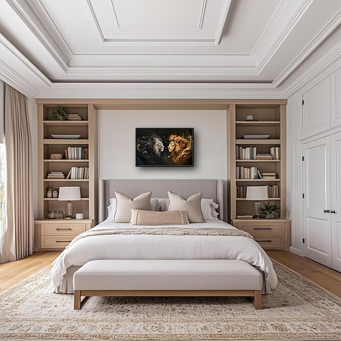 SweetFox Extra Large Lion King Framed Wall Art for Living Room, Lion and Golden Lioness Pictures Oversized Wall Decor Abstract Canvas Painting Print Artworks for Bathroom Master Bedroom 36L X 24W