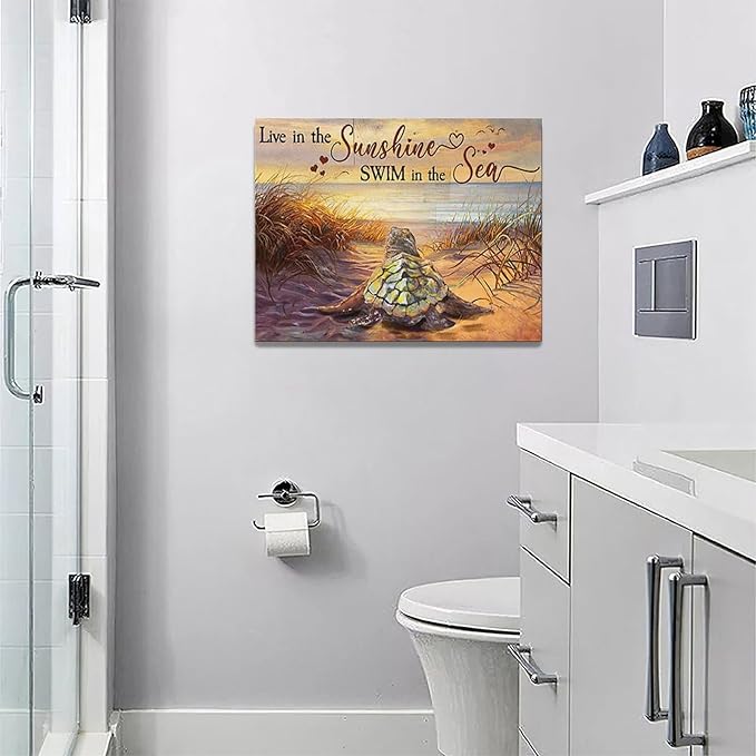 Bathroom Sea Turtle Wall Art Farmhouse Turtles Wall Decor Country Beach Ocean Coastal Nautical Pictures Canvas Painting Artwork Home Decorations for Living Room Bedroom Bathroom Office 16"x12"
