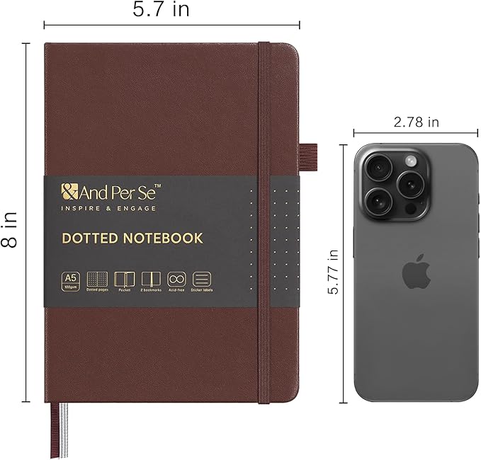 &And Per Se Dotted Journal Notebook, A5 Hardcover Bullet Dotted Journal, 160 Pages 100 gsm Thick Paper, 3 Sheets of Stickers Included - 5.7'' x 8''（Chocolate）