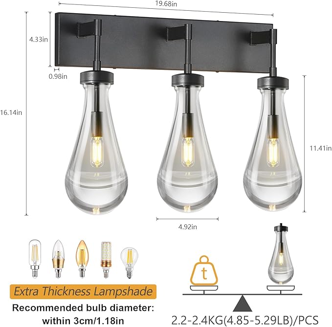 Raindrop Wall Sconces Black Crystal Sconces Wall Decor Modern Brass Lighting Glass Bathroom Sconces Indoor Vanity Light Wall Lamp for Bedroom Living Room Stair(3-Light)
