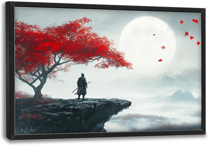 Framed Large Wall Art for Living Room, Japanese Samurai Canvas Wall Decor, Red Tree Pictures Painting, Modern Landscape Artwork for Bedroom Office 36L'' × 24W''