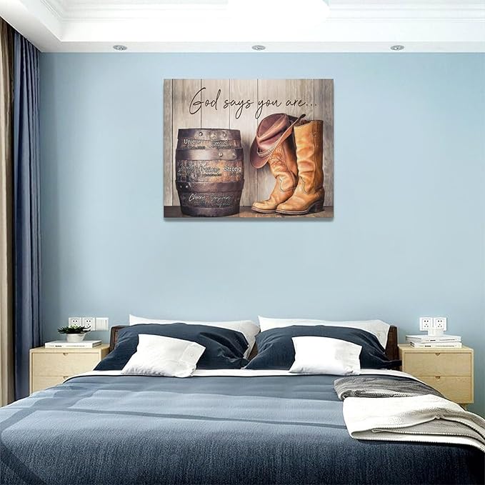 God says you are decor wall art western cowboy canvas Pictures cowboy boots Wall Decor Christian Canvas Prints Painting Framed Artwork for Bathroom living room Bedroom 20"x16"