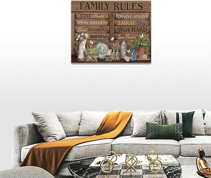 Country Family Rules Wall Art Farmhouse Inspiration Wall Decor Rustic Flower Home Sign Pictures Canvas Painting Artwork Home Decorations For Living Room Bedroom Bathroom Office 16"x12"