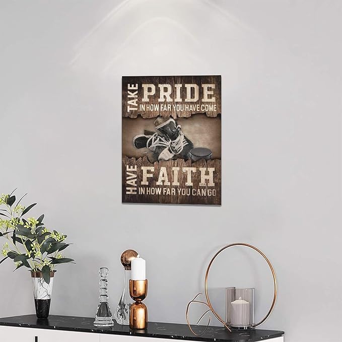 Fleruku Rustic Hockey Wall Art Sports Wall Decor Inspirational Quotes Brown Pictures Ice Hockey Sign Canvas Painting Artwork Home Decorations for Boy Man Teenager Fans Bedroom Living Room 12"x16"