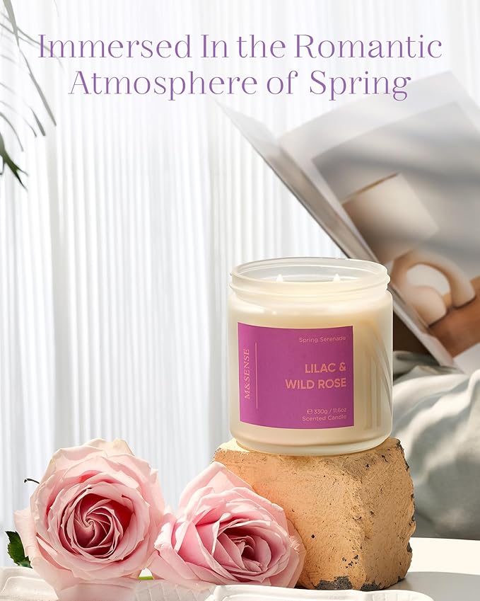 M&SENSE Lilac Wild Rose Scented Candle - 11.6oz Natural Soy Wax 70-Hour Long Lasting Burn Time Non Toxic, 2-Wick Aromatherapy Candle for Home Decor, Slow-Burning for Women