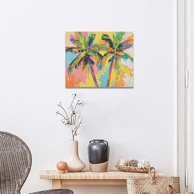 Olivine Tropical Wall Art, Palm Tree Pictures Wall Decor, Graffiti Painting, Colorful Summer Canvas Prints, Framed Artwork for Bathroom Living Room Bedroom Office Home Decoration 20"x16"