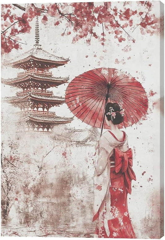 Japan Wall Art Japanese Geisha Wall Decor Cherry Blossoms Farmhouse Japan Pictures Canvas Painting Artwork Home Decorations for Living Room Bedroom Bathroom Office Classroom 16"x24"