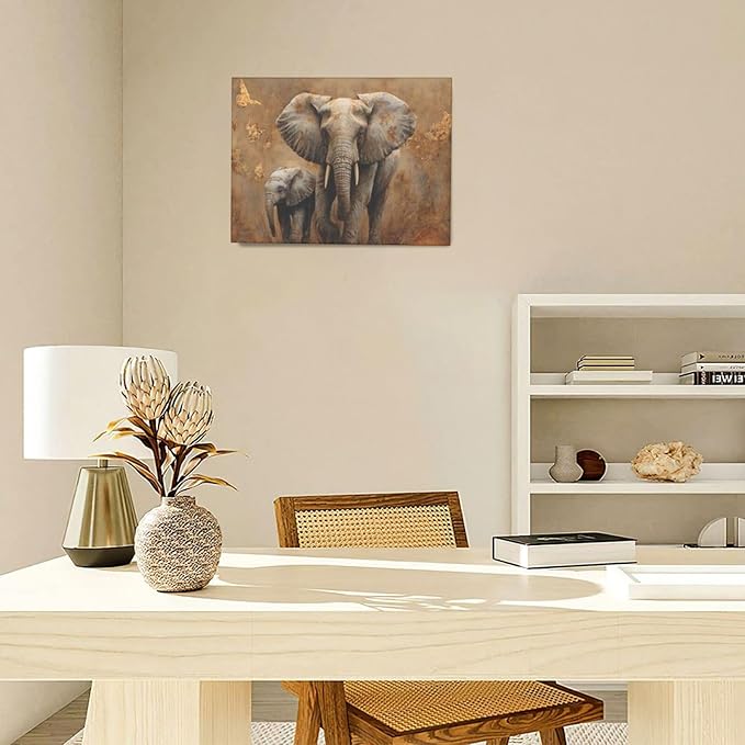Elephant Wall Art African Animal Pictures Elephant Family Canvas Painting Decoration Artwork Framed Wall Decor Gifts for Women Girl Living Room Kids Bedroom 12"x16"
