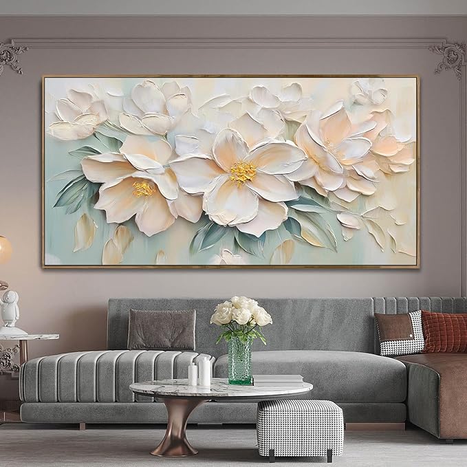 Anolyfi White Textured Flowers Canvas Wall Art for Living Room, Modern Aesthetic Abstract Sage Pink Florals Picture Painting, Large Artwork for Hallway Bedroom Office Home Decor, Wood Framed 58"x29"