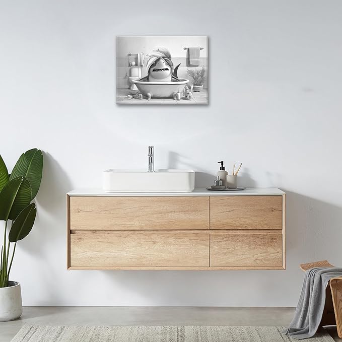 Funny Shark Bathroom Decor Wall Art Black and White Bathroom Pictures Painting Canvas Framed Toilet Humor Artwork Restroom Home Decoration Gifts for Women Girl 16"x20"