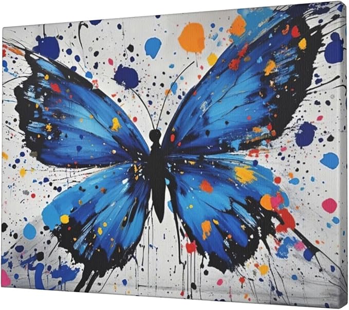 Banksy Butterfly Wall Art Blue Butterfly Street Art Graffiti Wall Decor Pictures Painting Canvas Artwork Framed Decoration Gifts for Women Girl Living Room Bedroom Office 20"x24"