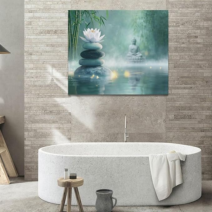 Olivine Zen Decor Wall Art, Lotus Pictures Wall Decor, Stones Flower Bloom Canvas Prints Painting, Framed Artwork for Meditation Bathroom Bedroom Living Room Office Home Decoration 24"x20"