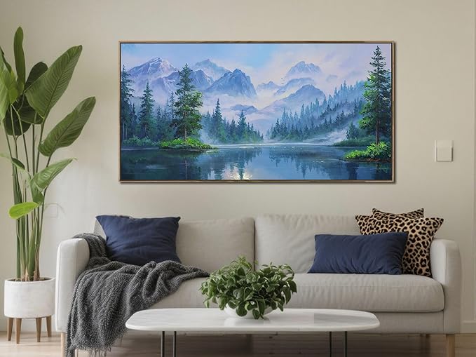 Ardemy Landscape Wall Art Canvas for Living Room Mountain Lake Nature Bedroom Painting Textured Misty Forest Scenery Picture Green Blue Artwork Home Office Decor, Wood Framed Large 40"x20"