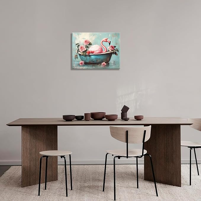 Olivine Flamingo Wall Art, Funny Animal Bathtub Pictures Wall Decor, Vintage Flamingo Bathroom Painting Tropical Animal Canvas Prints, Framed Artwork for Bedroom Living Room Office Home 20"x16"