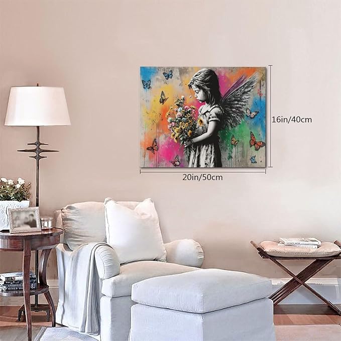 Banksy Wall Art Butterfly Girl Pictures Street Pop Art Graffiti Canvas Wall Decor Vintage Kids Aesthetic Painting Artwork Decorations Framed for Living Room Bedroom Bathroom Kid Room Office 16"x20"
