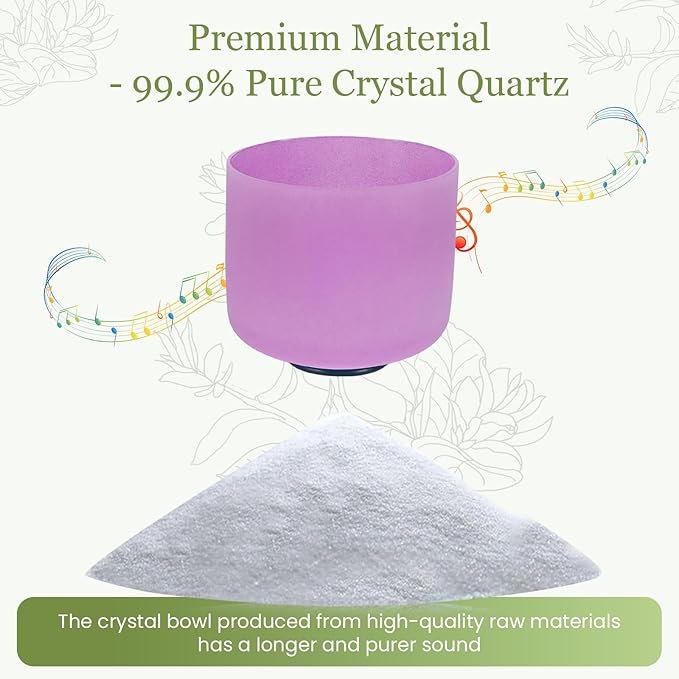 432HZ 8 Inchs B Note Purple Frosted Crystal Singing Bowl for Meditation Healing Yoga Chakra Quartz Crystal Sound Bowls with Heavy Duty Carry Case and Rubber Mallet,Suede Striker,O-ring