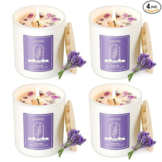 AOOVOO Lavender Candles Set for Women - 4 Pack Candles for Home Scented, Aromatherapy Candle with Crystals Inside, 28 oz 200 Hour Long Lasting, Birthday Gifts Mothers Day Candle for Women Mom
