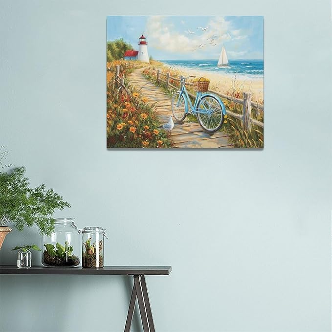 Olivine Coastal Wall Art, Beach Bicycle Pictures Wall Decor, Lighthouse Painting, Ocean Seascape Canvas Prints, Framed Artwork for Living Room Bedroom Bathroom Kitchen Office Home Decoration 24"x20"