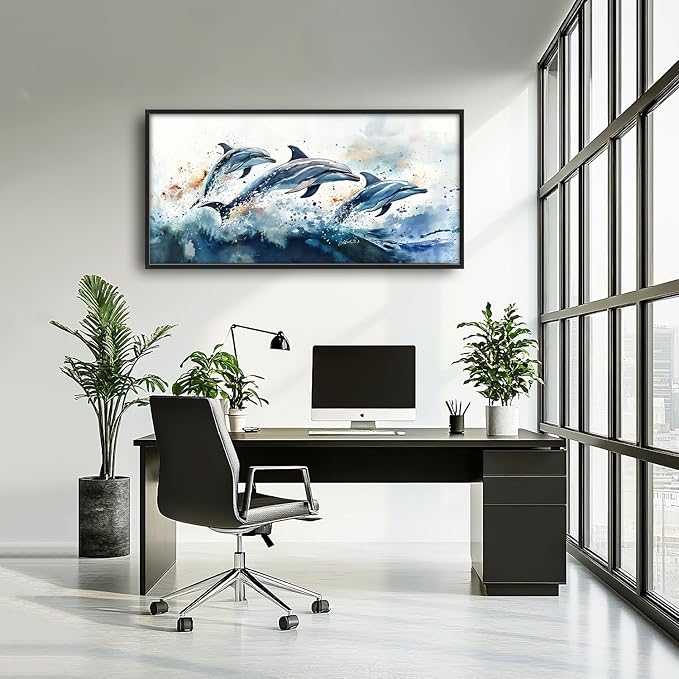 SweetFox Extra Large Watercolor Dolphin Framed Wall Art for Living Room,Ocean Dolphin Pictures Oversized Wall Decor Abstract Canvas Painting Print Artwork for Bathroom Master Bedroom 60L X 30W