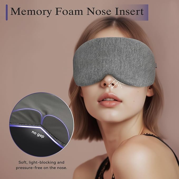 Cool Touche Sleep Mask for Side Sleepers Men & Women, Eye Mask with Memory Foam Nose Padding, Ultra Soft Blockout Eye Shade Cover, Cotton Sleep Mask for Sleeping, Travel, Nap (Gray)