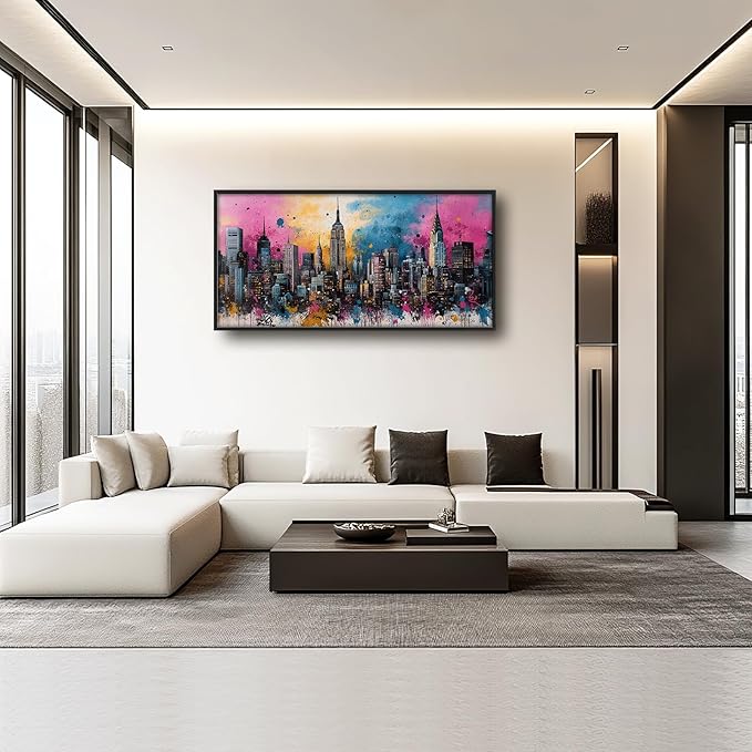 Glocmna Large Wall Art for Living Room Banksy Street Graffiti New York City Wall Decor Modern Skyline Cityscape Pictures Painting Big Canvas Print Framed Artwork Decorations Home Office Bedroom 30"x60"