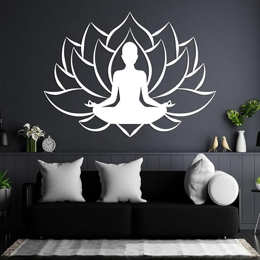 Veplsur Lotus Flower Decor, Metal Zen Wall Art, Yoga Zen Sign Decorative, Yoga Decor, Lotus Wall Hanging, Meditation Wall Art, Symmetry Art, Yoga Studio Decor, Home Decor (White, 48"x35"|121x88cm)