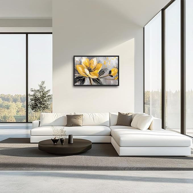 Framed Large Wall Art for Living Room, Yellow Floral Canvas Wall Decor, Gold Flower Pictures Painting, Natural Landscape Artwork for Living Room Bedroom Office 36L'' × 24W''