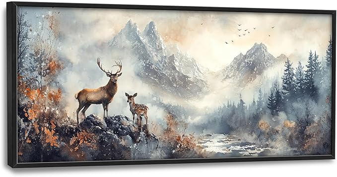 Deer Wall Art Large Landscape Nature Mountain Pictures Wall Decor Above Over Bed Canvas Prints Big Painting Framed Artwork Decoration for Bedroom Living Room Bathroom Office 60"x30"