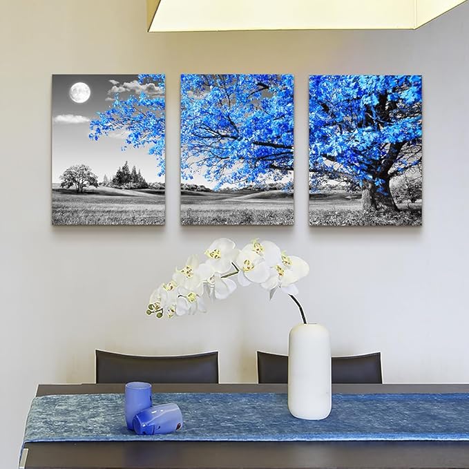 DZRWUBHS Canvas Wall Art For Living Room Modern Decor For Office Black And White Blue Tree Wall Painting Scenery Home Decor Prints Art 16" X 24" 3 Piece